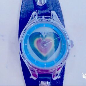 Relic animated watch with hearts new battery black leather band